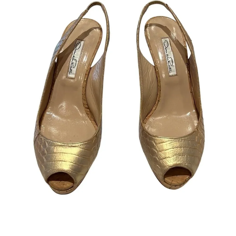 OSCAR DE LA RENTA Women’s Peep Toe Leather Slingback Pumps/Heels Gold Size 37.5